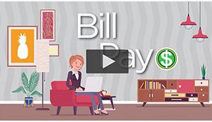 Bill Pay. with cartoon woman sitting on couch